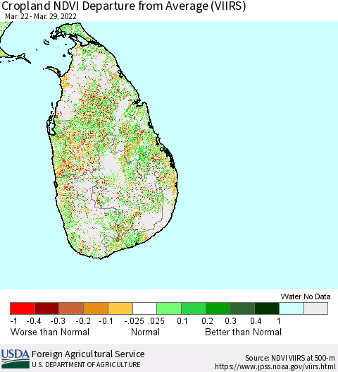 Sri Lanka Cropland NDVI Departure from Average (VIIRS) Thematic Map For 3/21/2022 - 3/31/2022