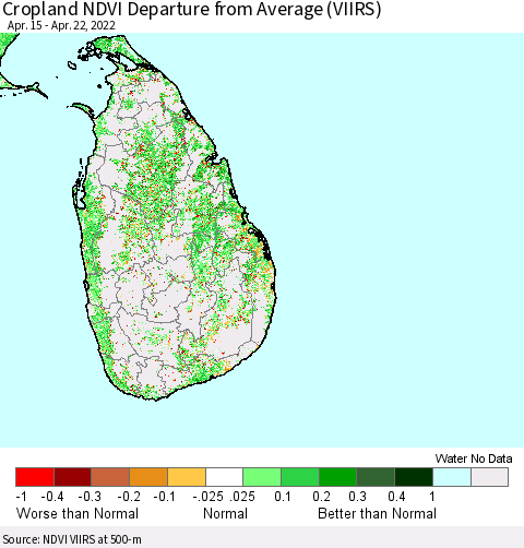 Sri Lanka Cropland NDVI Departure from Average (VIIRS) Thematic Map For 4/15/2022 - 4/22/2022