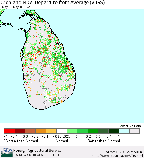 Sri Lanka Cropland NDVI Departure from Average (VIIRS) Thematic Map For 5/1/2022 - 5/10/2022