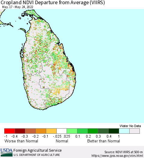 Sri Lanka Cropland NDVI Departure from Average (VIIRS) Thematic Map For 5/21/2022 - 5/31/2022