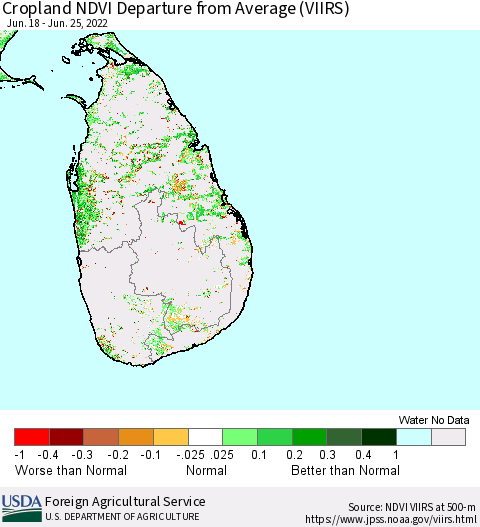 Sri Lanka Cropland NDVI Departure from Average (VIIRS) Thematic Map For 6/21/2022 - 6/30/2022