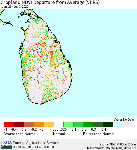 Sri Lanka Cropland NDVI Departure from Average (VIIRS) Thematic Map For 7/1/2022 - 7/10/2022
