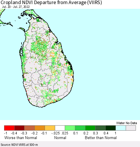 Sri Lanka Cropland NDVI Departure from Average (VIIRS) Thematic Map For 7/20/2022 - 7/27/2022