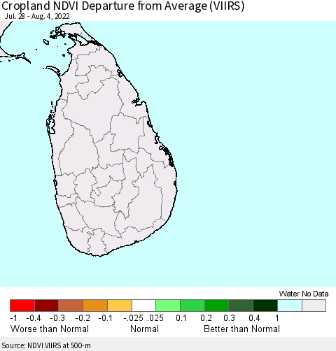 Sri Lanka Cropland NDVI Departure from Average (VIIRS) Thematic Map For 7/28/2022 - 8/4/2022