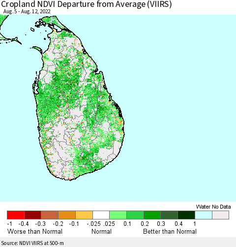 Sri Lanka Cropland NDVI Departure from Average (VIIRS) Thematic Map For 8/5/2022 - 8/12/2022