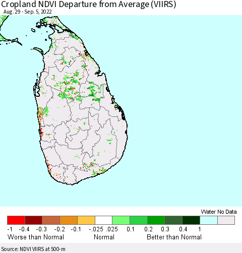 Sri Lanka Cropland NDVI Departure from Average (VIIRS) Thematic Map For 8/29/2022 - 9/5/2022