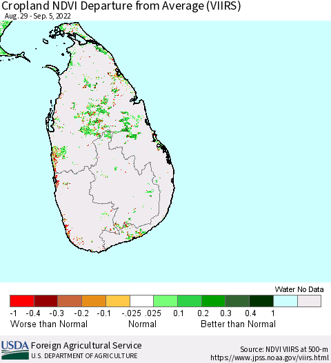 Sri Lanka Cropland NDVI Departure from Average (VIIRS) Thematic Map For 9/1/2022 - 9/10/2022