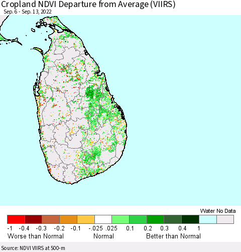 Sri Lanka Cropland NDVI Departure from Average (VIIRS) Thematic Map For 9/6/2022 - 9/13/2022
