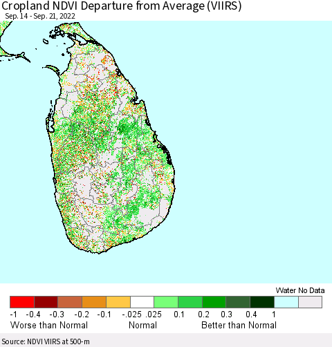 Sri Lanka Cropland NDVI Departure from Average (VIIRS) Thematic Map For 9/14/2022 - 9/21/2022