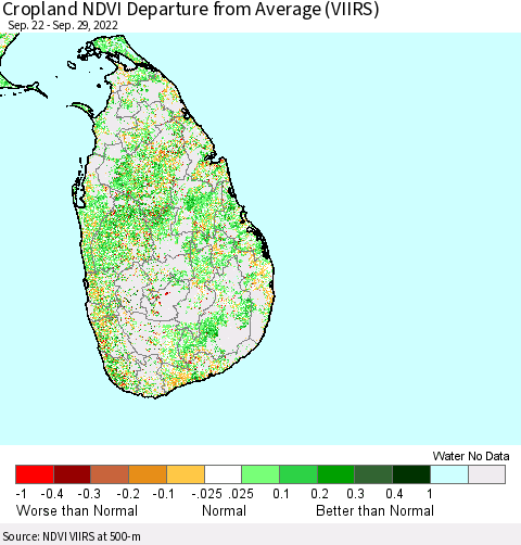 Sri Lanka Cropland NDVI Departure from Average (VIIRS) Thematic Map For 9/22/2022 - 9/29/2022