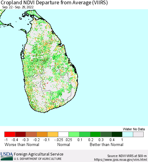 Sri Lanka Cropland NDVI Departure from Average (VIIRS) Thematic Map For 9/21/2022 - 9/30/2022