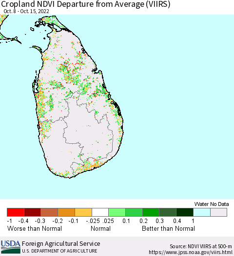 Sri Lanka Cropland NDVI Departure from Average (VIIRS) Thematic Map For 10/11/2022 - 10/20/2022