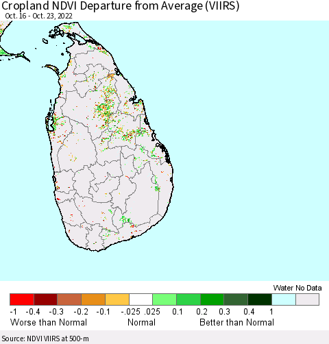 Sri Lanka Cropland NDVI Departure from Average (VIIRS) Thematic Map For 10/16/2022 - 10/23/2022