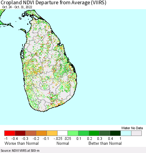 Sri Lanka Cropland NDVI Departure from Average (VIIRS) Thematic Map For 10/24/2022 - 10/31/2022
