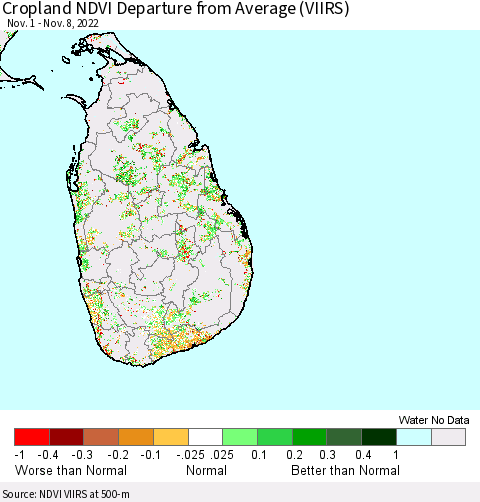 Sri Lanka Cropland NDVI Departure from Average (VIIRS) Thematic Map For 11/1/2022 - 11/8/2022