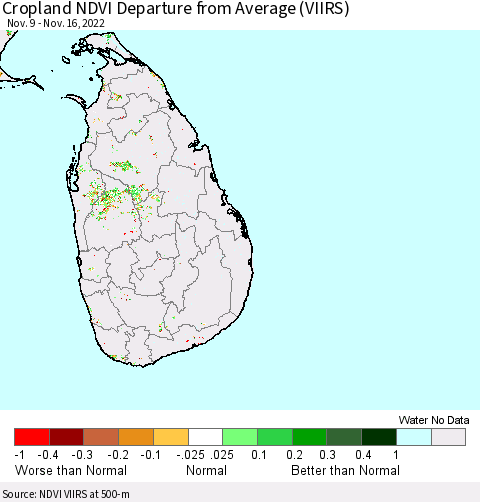 Sri Lanka Cropland NDVI Departure from Average (VIIRS) Thematic Map For 11/9/2022 - 11/16/2022