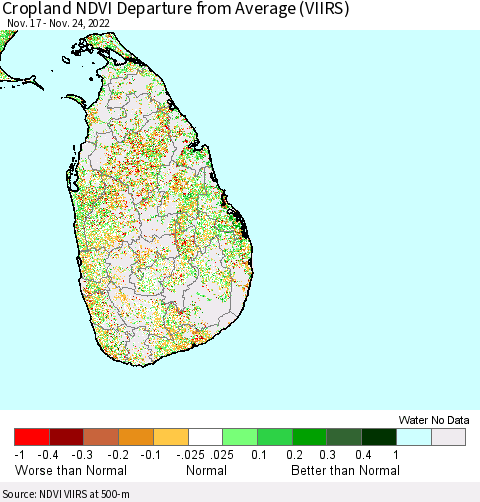 Sri Lanka Cropland NDVI Departure from Average (VIIRS) Thematic Map For 11/17/2022 - 11/24/2022