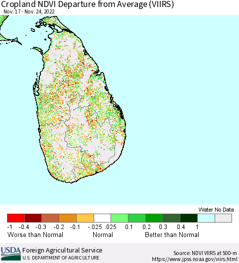 Sri Lanka Cropland NDVI Departure from Average (VIIRS) Thematic Map For 11/21/2022 - 11/30/2022
