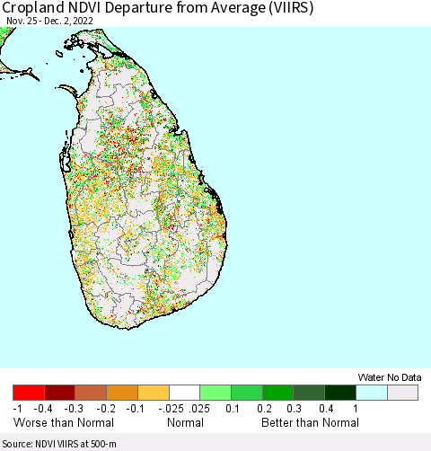Sri Lanka Cropland NDVI Departure from Average (VIIRS) Thematic Map For 11/25/2022 - 12/2/2022