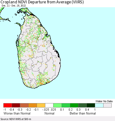 Sri Lanka Cropland NDVI Departure from Average (VIIRS) Thematic Map For 12/11/2022 - 12/18/2022