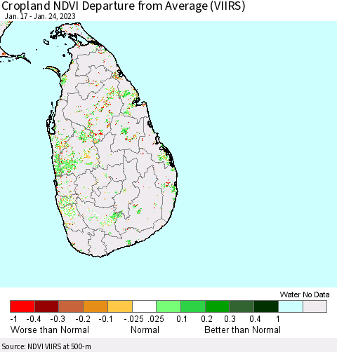 Sri Lanka Cropland NDVI Departure from Average (VIIRS) Thematic Map For 1/17/2023 - 1/24/2023