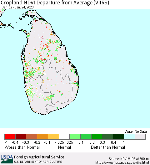 Sri Lanka Cropland NDVI Departure from Average (VIIRS) Thematic Map For 1/21/2023 - 1/31/2023