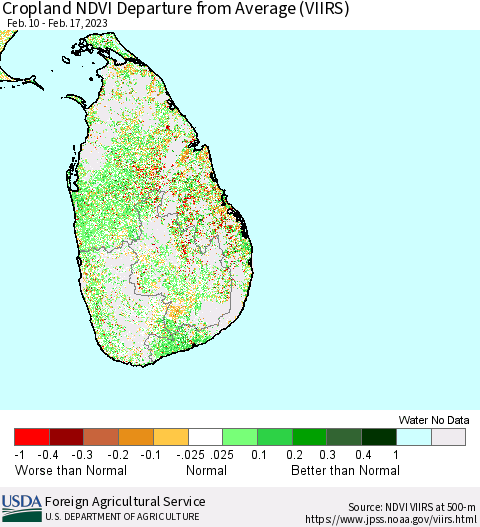 Sri Lanka Cropland NDVI Departure from Average (VIIRS) Thematic Map For 2/11/2023 - 2/20/2023