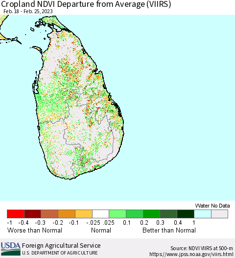 Sri Lanka Cropland NDVI Departure from Average (VIIRS) Thematic Map For 2/21/2023 - 2/28/2023