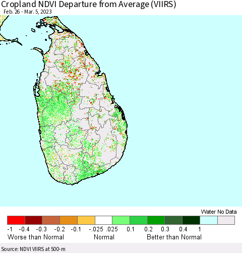 Sri Lanka Cropland NDVI Departure from Average (VIIRS) Thematic Map For 2/26/2023 - 3/5/2023