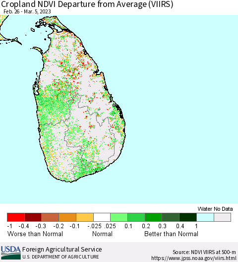 Sri Lanka Cropland NDVI Departure from Average (VIIRS) Thematic Map For 3/1/2023 - 3/10/2023