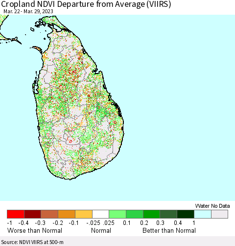 Sri Lanka Cropland NDVI Departure from Average (VIIRS) Thematic Map For 3/22/2023 - 3/29/2023