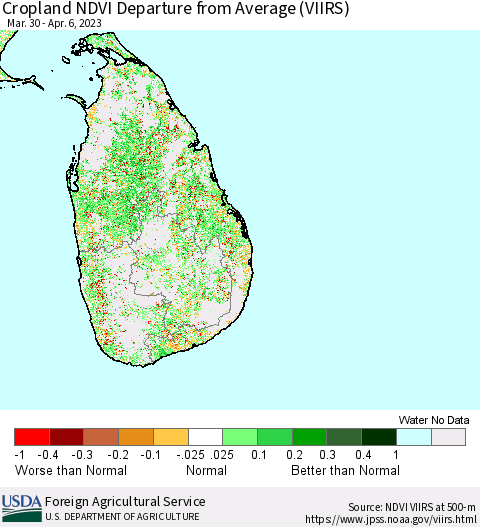 Sri Lanka Cropland NDVI Departure from Average (VIIRS) Thematic Map For 4/1/2023 - 4/10/2023