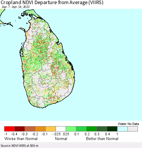 Sri Lanka Cropland NDVI Departure from Average (VIIRS) Thematic Map For 4/7/2023 - 4/14/2023