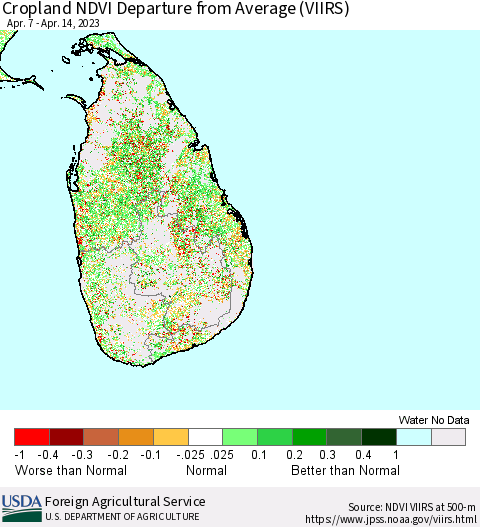 Sri Lanka Cropland NDVI Departure from Average (VIIRS) Thematic Map For 4/11/2023 - 4/20/2023