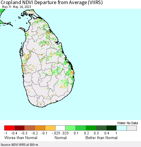 Sri Lanka Cropland NDVI Departure from Average (VIIRS) Thematic Map For 5/9/2023 - 5/16/2023