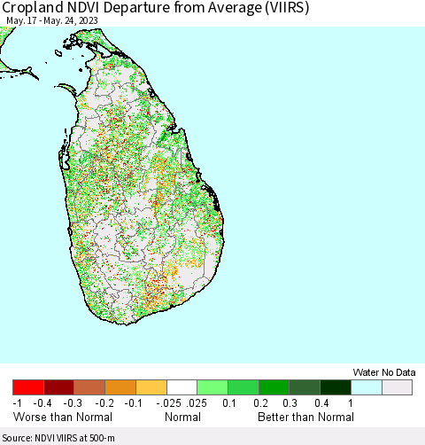 Sri Lanka Cropland NDVI Departure from Average (VIIRS) Thematic Map For 5/17/2023 - 5/24/2023