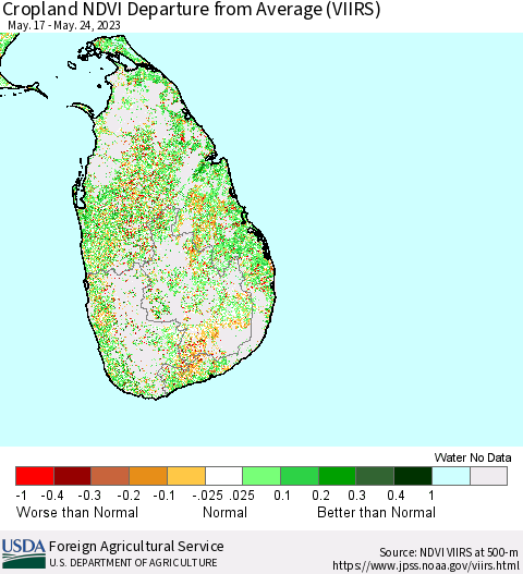 Sri Lanka Cropland NDVI Departure from Average (VIIRS) Thematic Map For 5/21/2023 - 5/31/2023