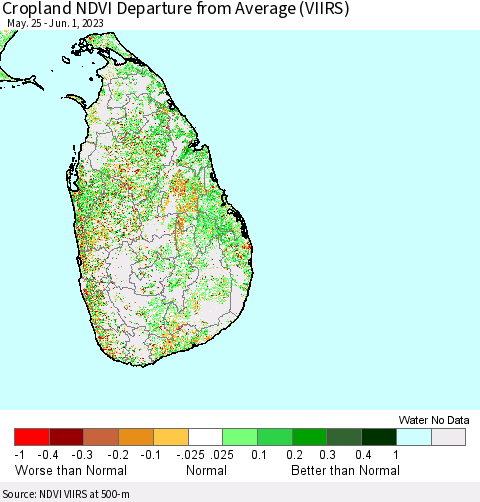 Sri Lanka Cropland NDVI Departure from Average (VIIRS) Thematic Map For 5/25/2023 - 6/1/2023