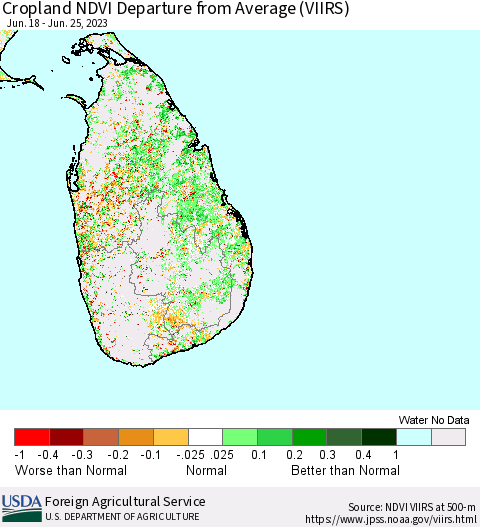 Sri Lanka Cropland NDVI Departure from Average (VIIRS) Thematic Map For 6/21/2023 - 6/30/2023
