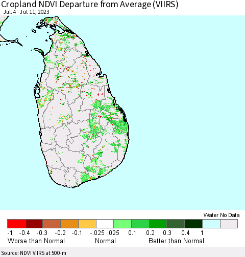 Sri Lanka Cropland NDVI Departure from Average (VIIRS) Thematic Map For 7/4/2023 - 7/11/2023