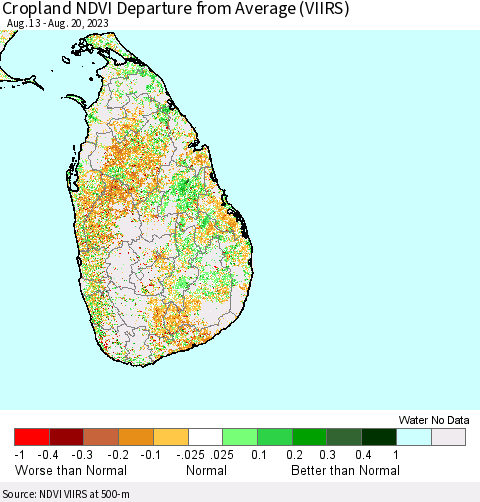Sri Lanka Cropland NDVI Departure from Average (VIIRS) Thematic Map For 8/13/2023 - 8/20/2023