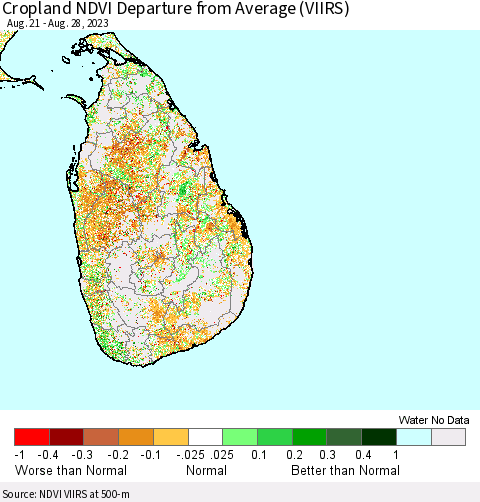 Sri Lanka Cropland NDVI Departure from Average (VIIRS) Thematic Map For 8/21/2023 - 8/28/2023
