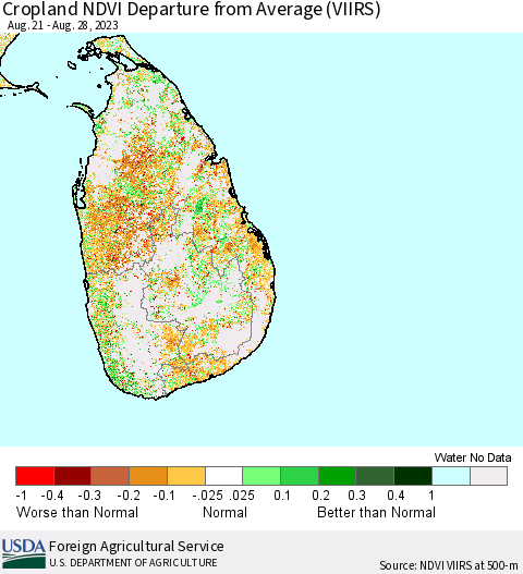 Sri Lanka Cropland NDVI Departure from Average (VIIRS) Thematic Map For 8/21/2023 - 8/31/2023