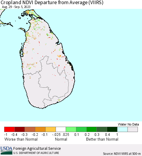 Sri Lanka Cropland NDVI Departure from Average (VIIRS) Thematic Map For 9/1/2023 - 9/10/2023