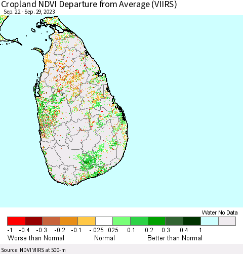 Sri Lanka Cropland NDVI Departure from Average (VIIRS) Thematic Map For 9/22/2023 - 9/29/2023