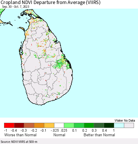 Sri Lanka Cropland NDVI Departure from Average (VIIRS) Thematic Map For 9/30/2023 - 10/7/2023