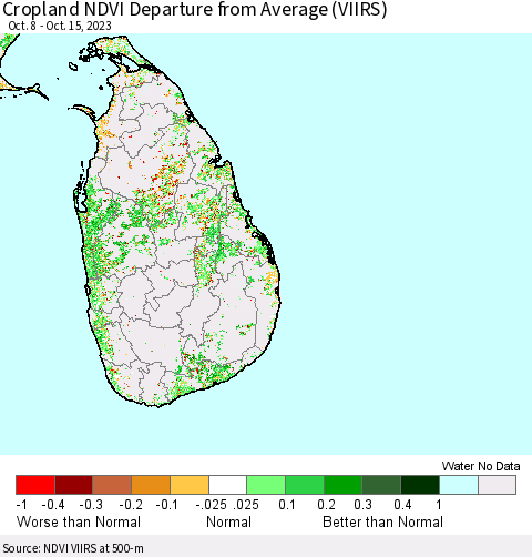 Sri Lanka Cropland NDVI Departure from Average (VIIRS) Thematic Map For 10/8/2023 - 10/15/2023
