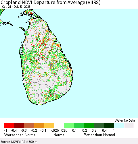 Sri Lanka Cropland NDVI Departure from Average (VIIRS) Thematic Map For 10/24/2023 - 10/31/2023