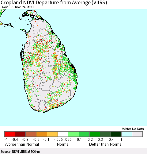 Sri Lanka Cropland NDVI Departure from Average (VIIRS) Thematic Map For 11/17/2023 - 11/24/2023