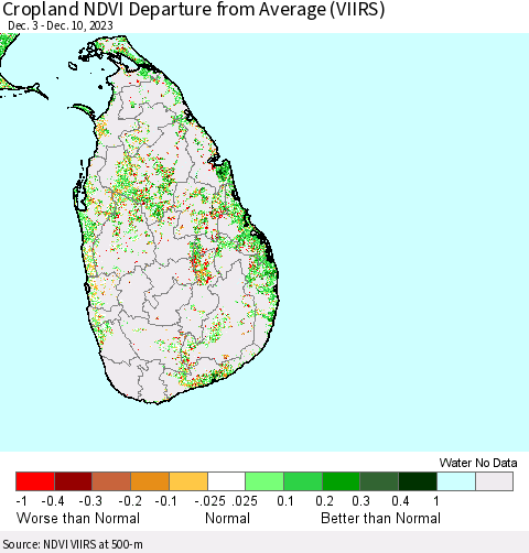 Sri Lanka Cropland NDVI Departure from Average (VIIRS) Thematic Map For 12/3/2023 - 12/10/2023